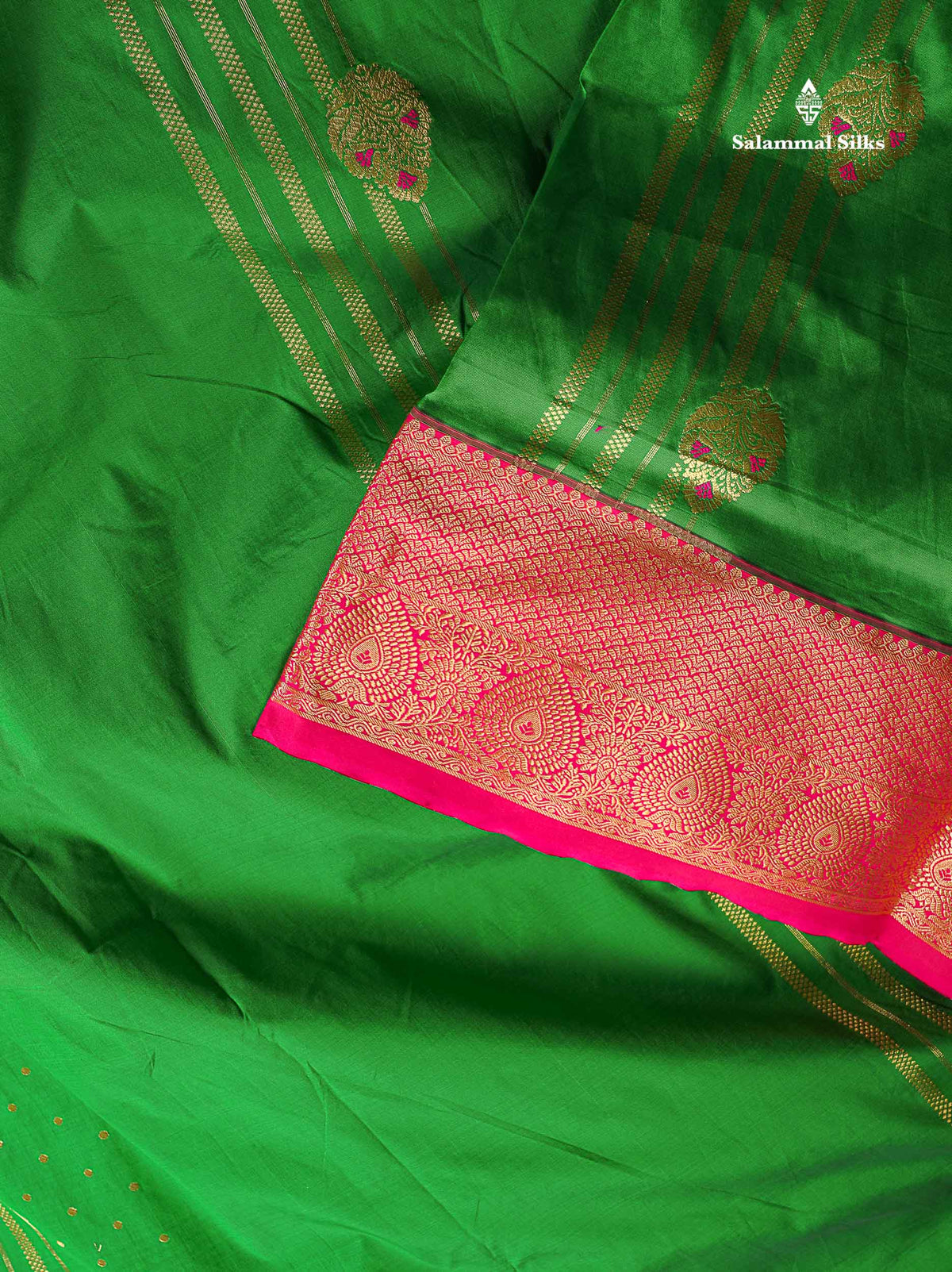 Semi Silk Saree - Parrot Green Colour Body Menakari Work With Contrast Pink Border | 9.5 Yards