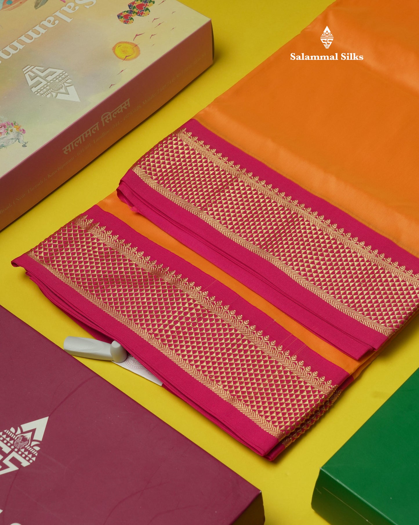 9.5 Yards Semi Silk Saree Orange with Contrast Pink Border