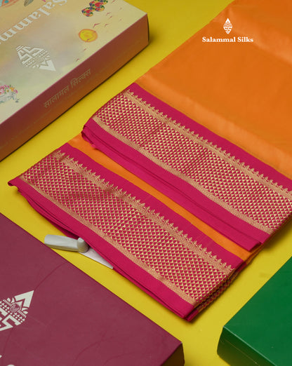 9.5 Yards Semi Silk Saree Orange with Contrast Pink Border