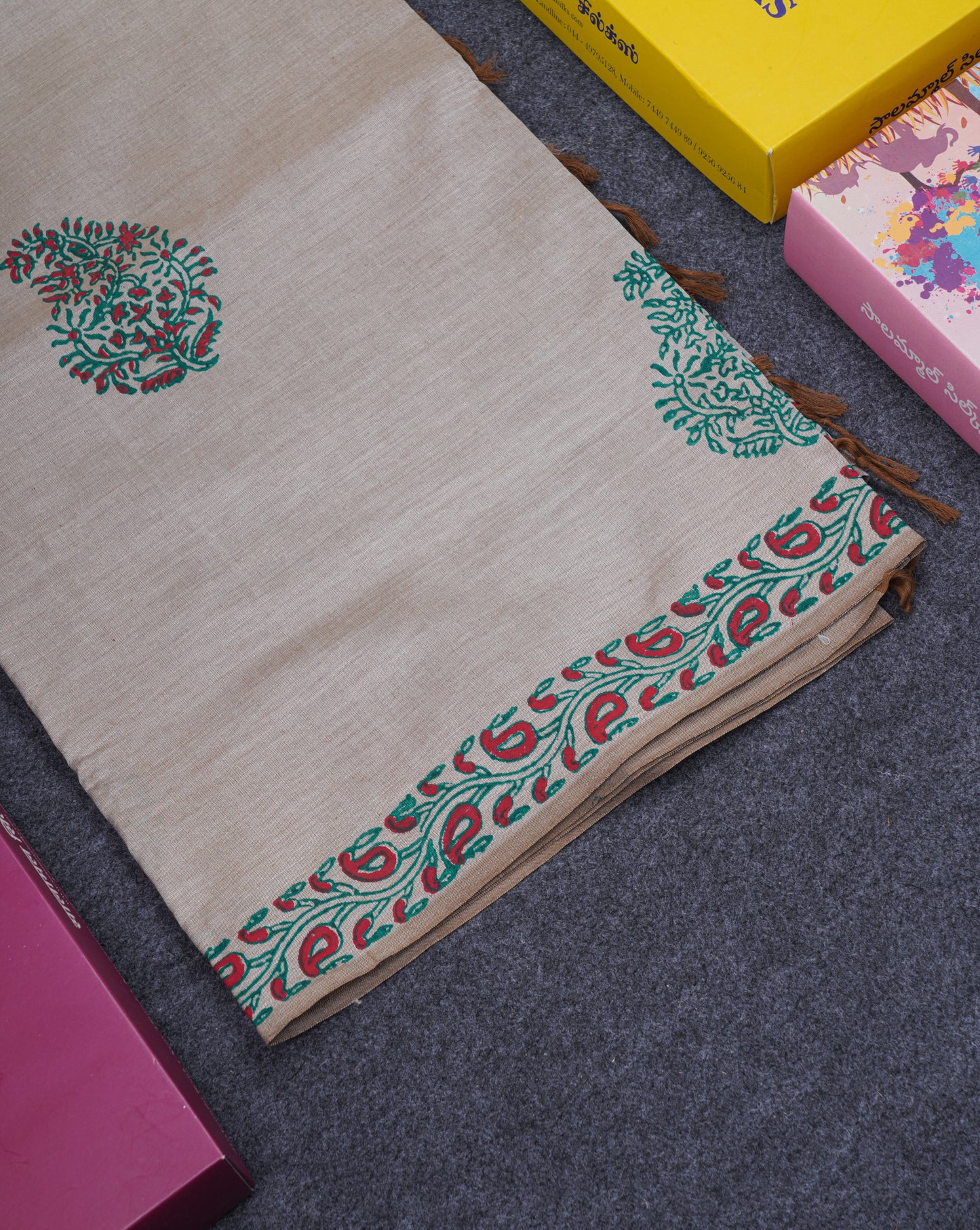 Cream Sandal South Cotton Printed Saree With Contrast Saffire Green Blouse