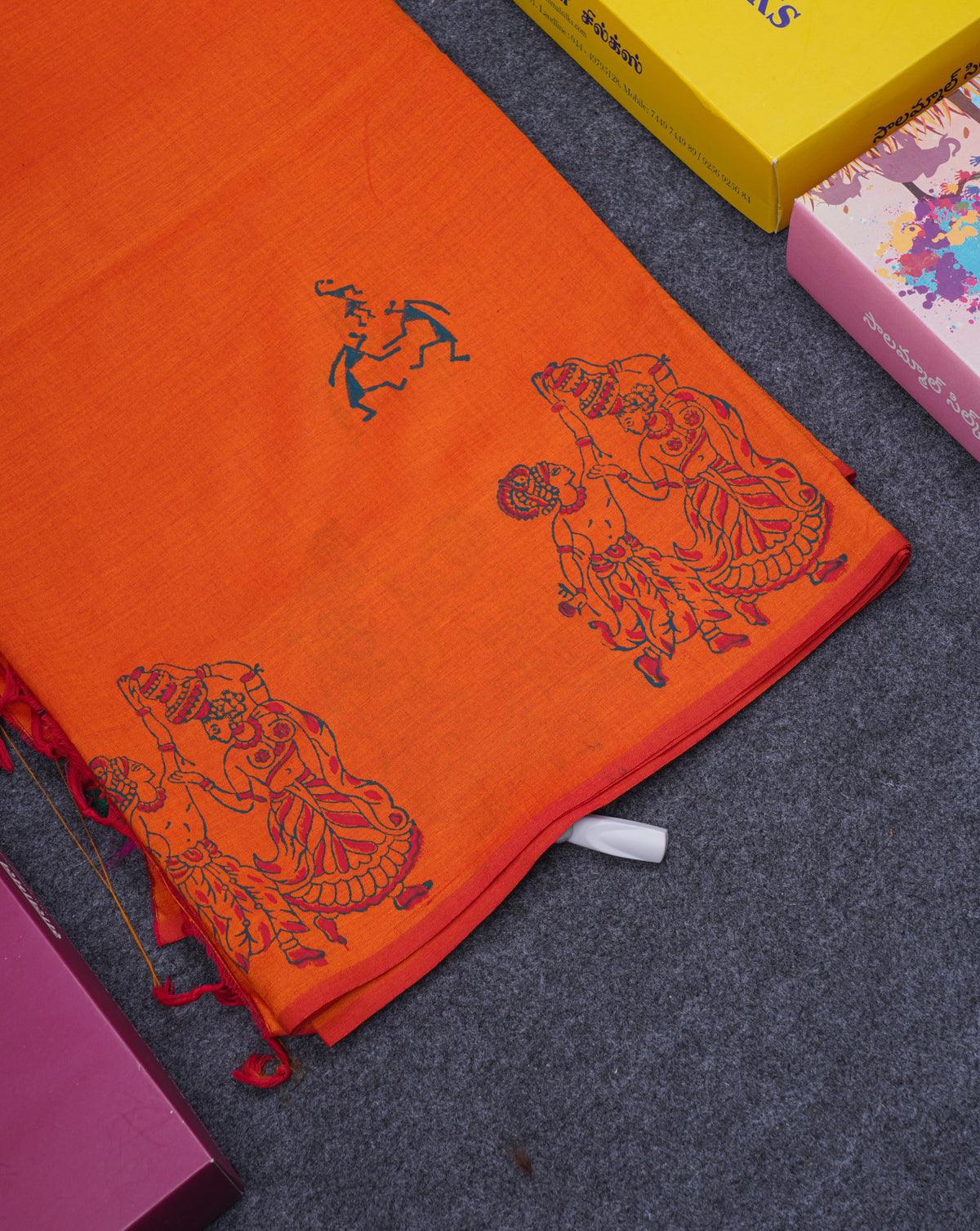 Orange South Cotton Printed Saree With Contrast Peacock Blue Blouse