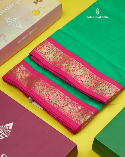 9.5 Yards Semi Silk Saree Bottle Green with Contrast Pink Border
