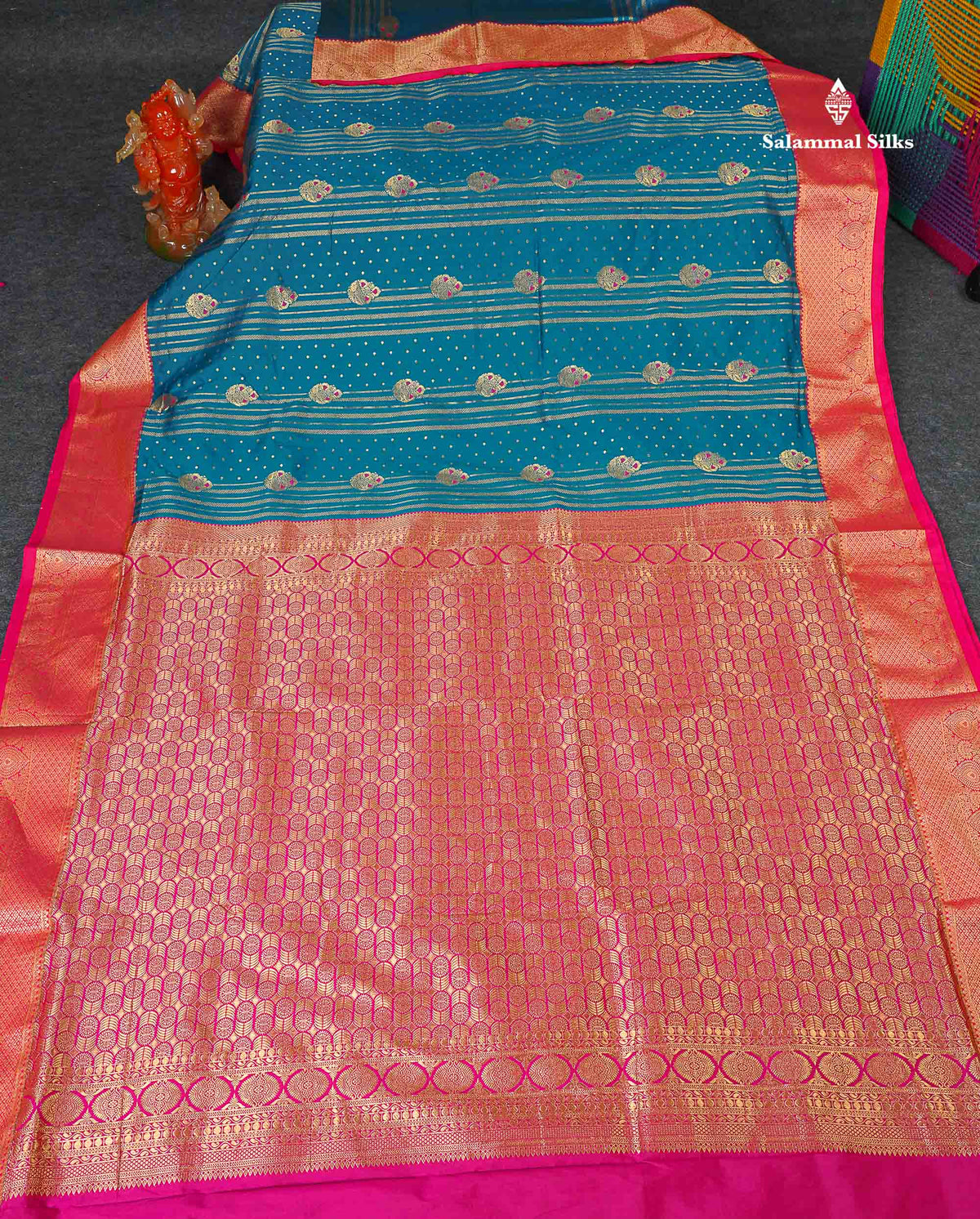 Semi Silk Saree - Ramar Blue Colour Body Menakari Work With Contrast Pink Border | 9.5 Yards