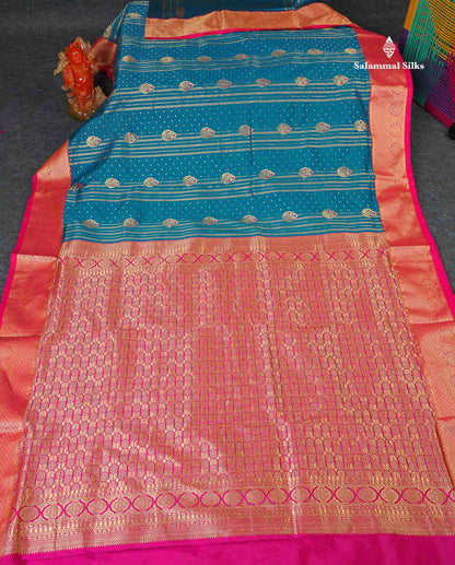 Semi Silk Saree - Ramar Blue Colour Body Menakari Work With Contrast Pink Border | 9.5 Yards