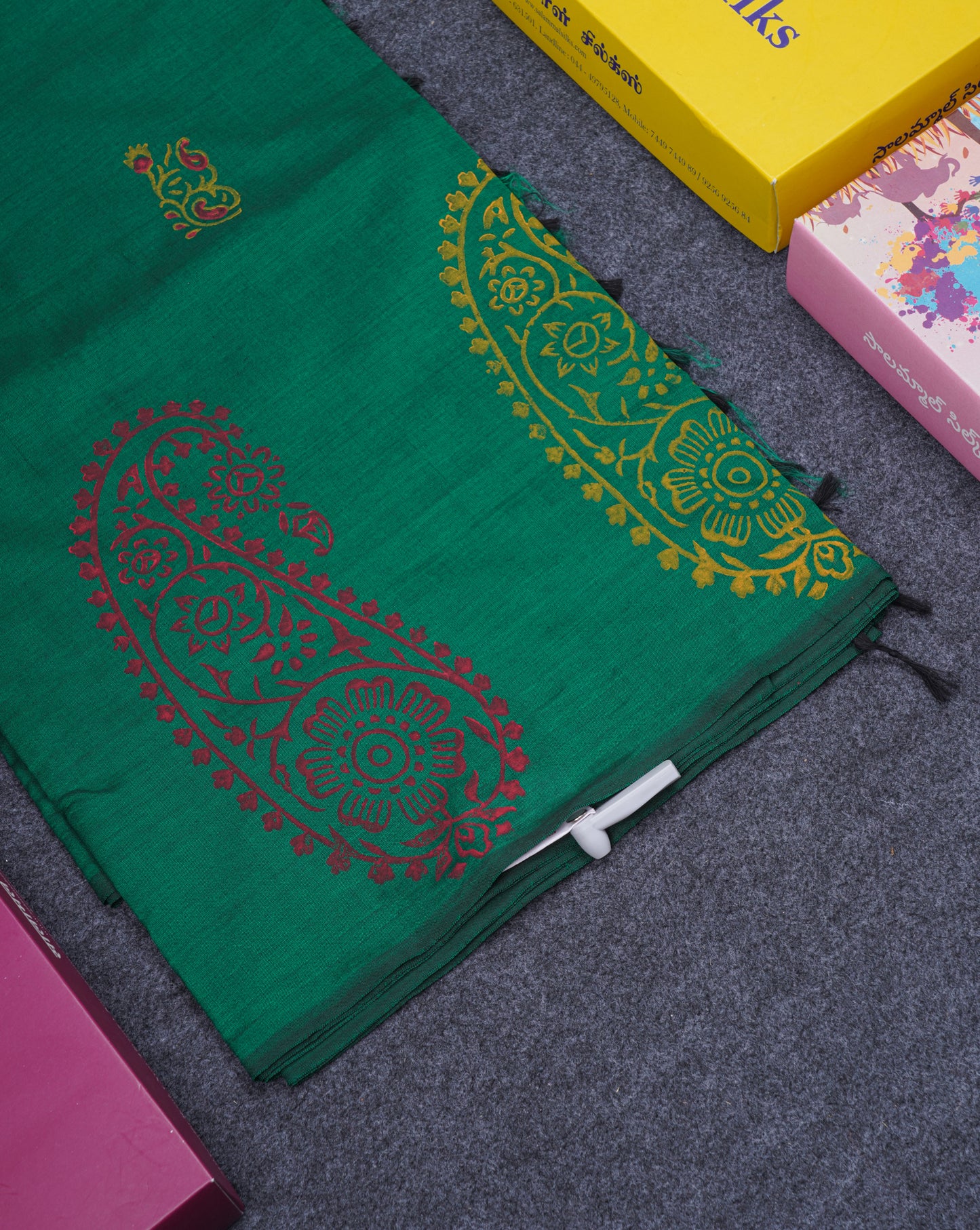 Bottle Green South Cotton Printed Saree With Contrast Mustard Yellow Blouse