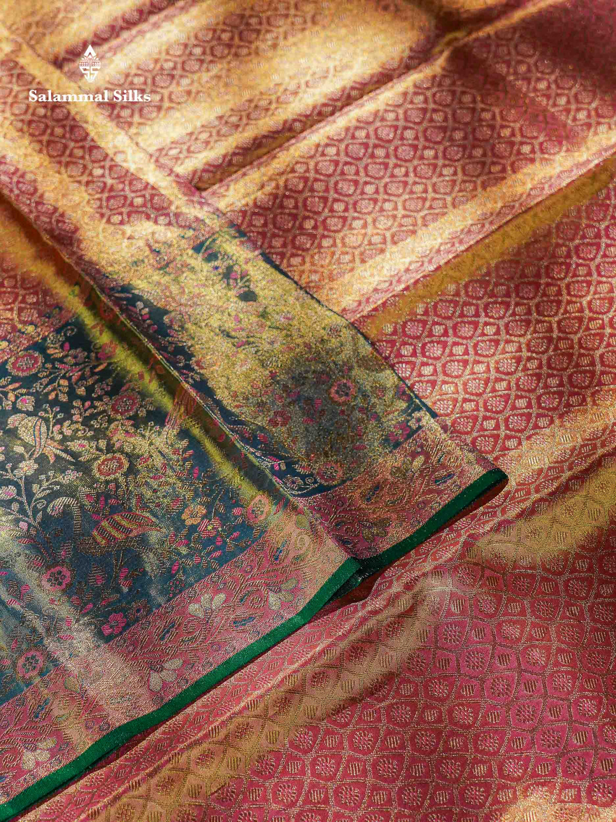 Beautiful Peach Tissue Bridal Pure Kanjivaram Silk Saree With Contrast Light Green Evening Morning Border