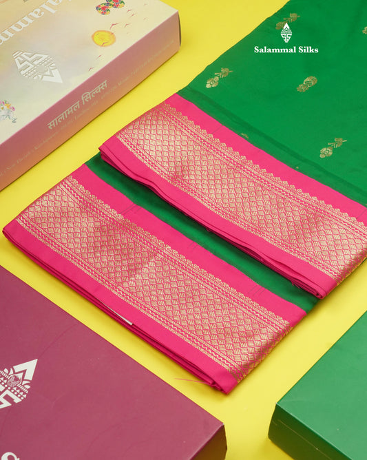 11 Yards Green Semi Silk Saree with Contrast Pink Border