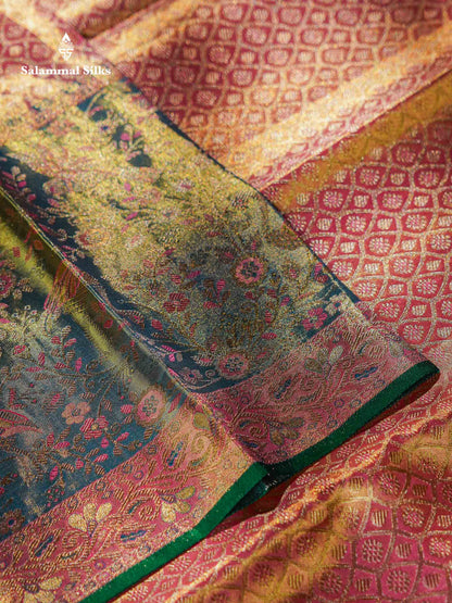 Beautiful Peach Tissue Bridal Pure Kanjivaram Silk Saree With Contrast Light Green Evening Morning Border