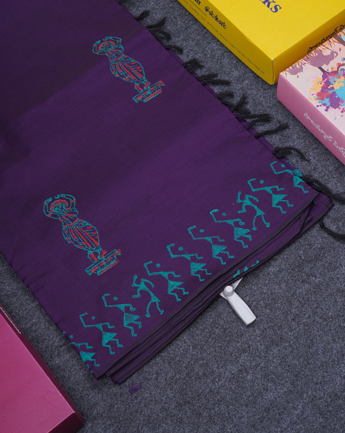 Dark Purple South Cotton Printed Saree With Contrast Sapphire Green Blouse