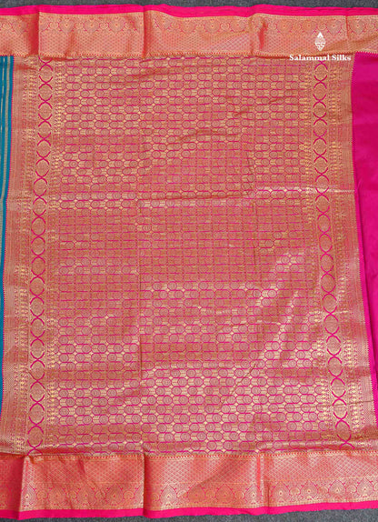 Semi Silk Saree - Parrot Green Colour Body Menakari Work With Contrast Pink Border | 9.5 Yards
