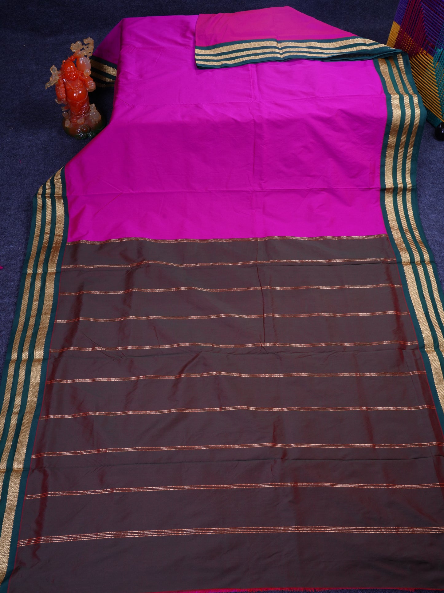 9.5 Yards Semi Silk Saree Magenta Pink with Contrast Bottle Green Traditional Border