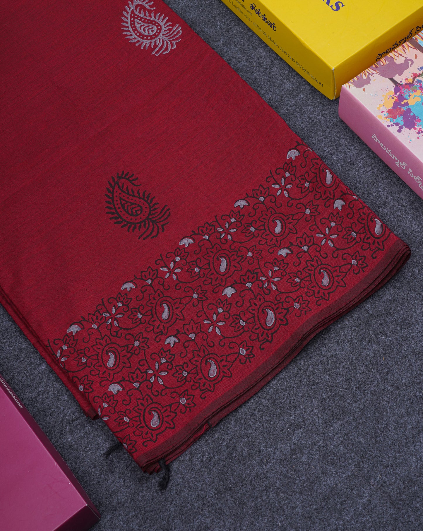 Maroon South Cotton Printed Saree With Contrast Light Grey Blouse