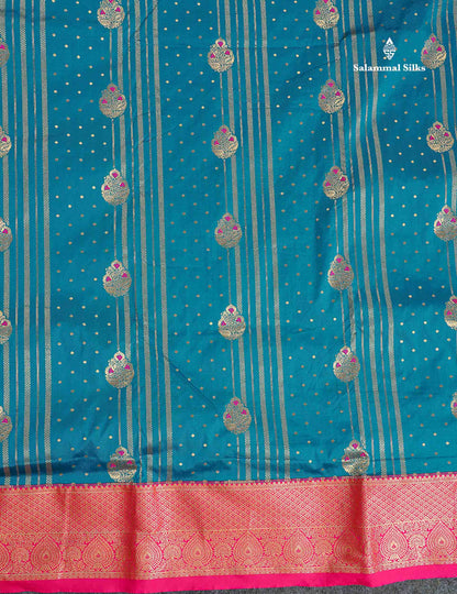 Semi Silk Saree - Parrot Green Colour Body Menakari Work With Contrast Pink Border | 9.5 Yards