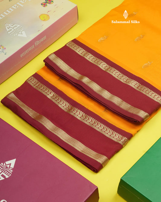 9.5 Yards Semi Silk Saree Mango Yellow with Contrast Maroon Traditional Gap Border