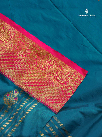 Semi Silk Saree - Parrot Green Colour Body Menakari Work With Contrast Pink Border | 9.5 Yards