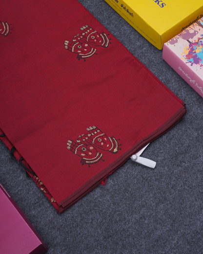 Maroon South Cotton Printed Saree With Contrast Grey White Blouse