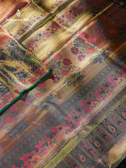 Beautiful Peach Tissue Bridal Pure Kanjivaram Silk Saree With Contrast Light Green Evening Morning Border
