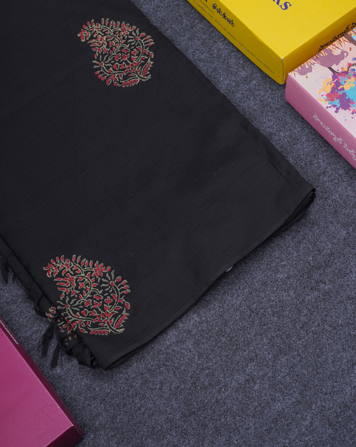 Black South Cotton Printed Saree With Contrast Grey Blouse