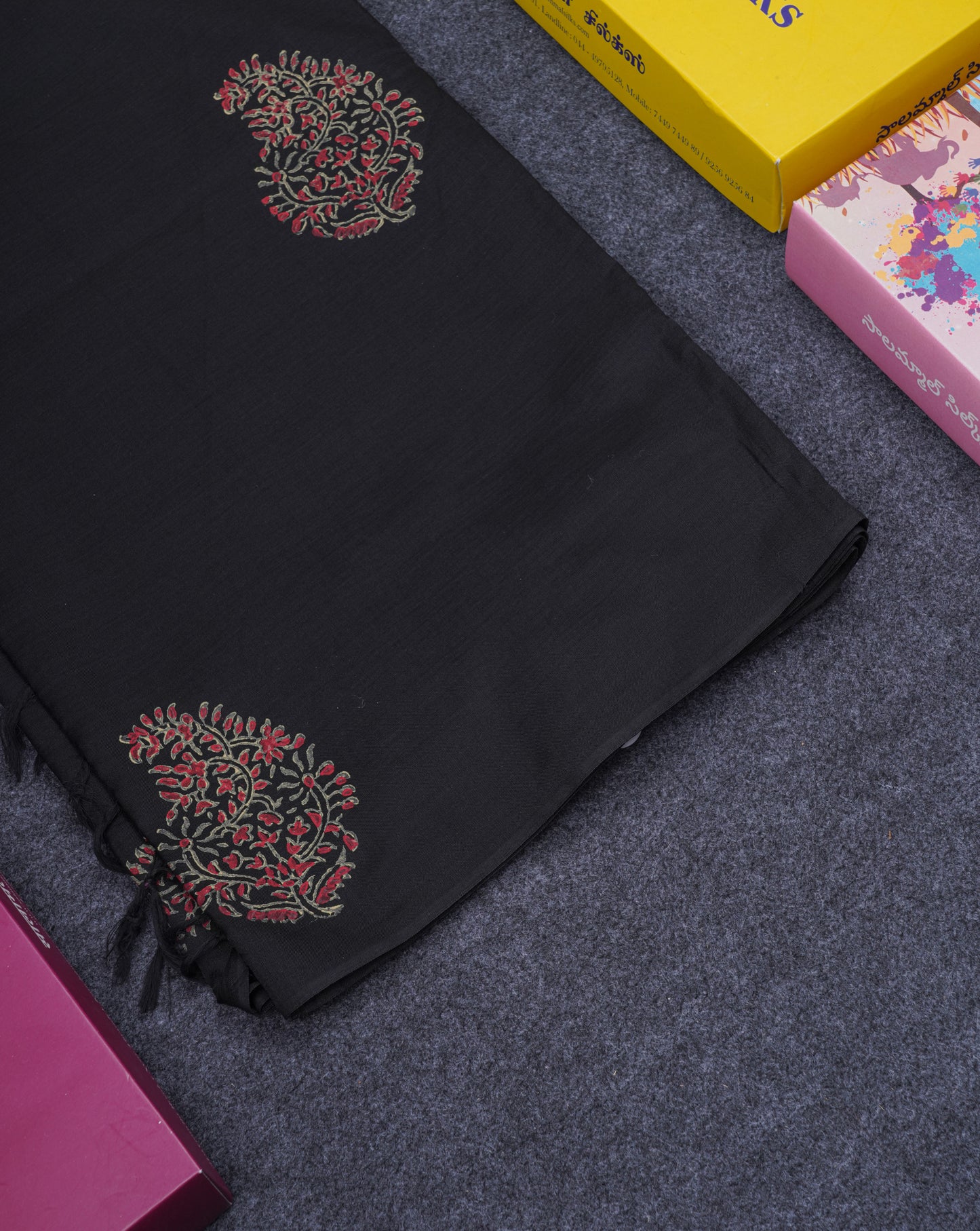 Black South Cotton Printed Saree With Contrast Grey Blouse