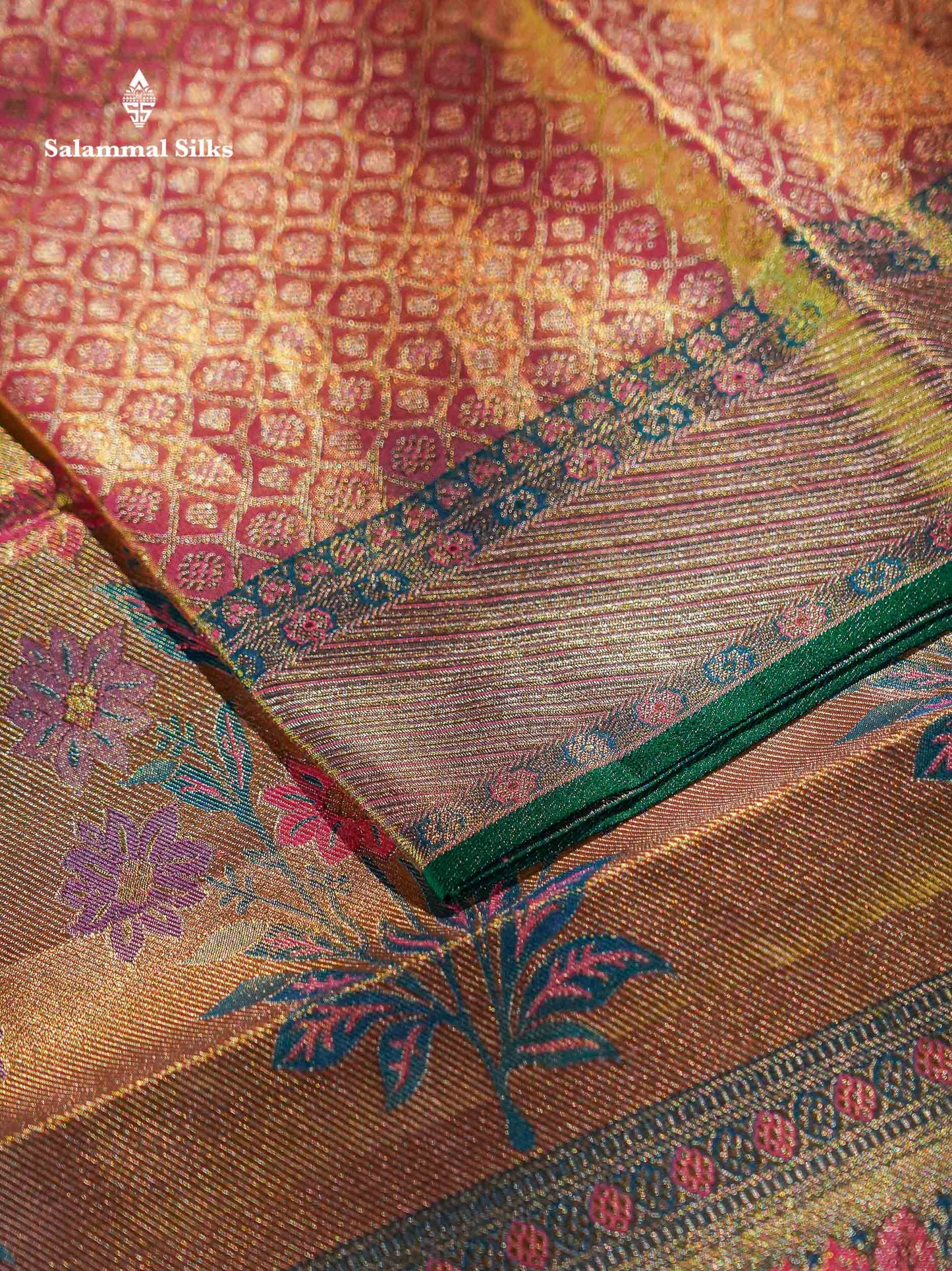 Beautiful Peach Tissue Bridal Pure Kanjivaram Silk Saree With Contrast Light Green Evening Morning Border