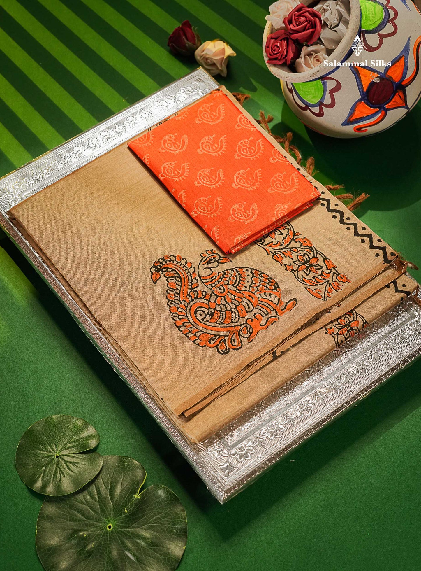 South Cotton Saree -  Cream Sandal Colour Body Printed With Contrast Orange Blouse