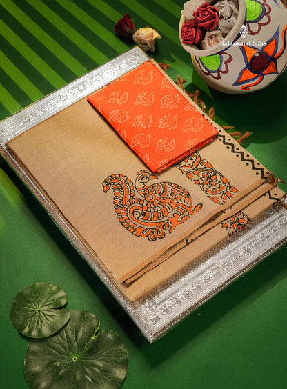 South Cotton Saree -  Cream Sandal Colour Body Printed With Contrast Orange Blouse