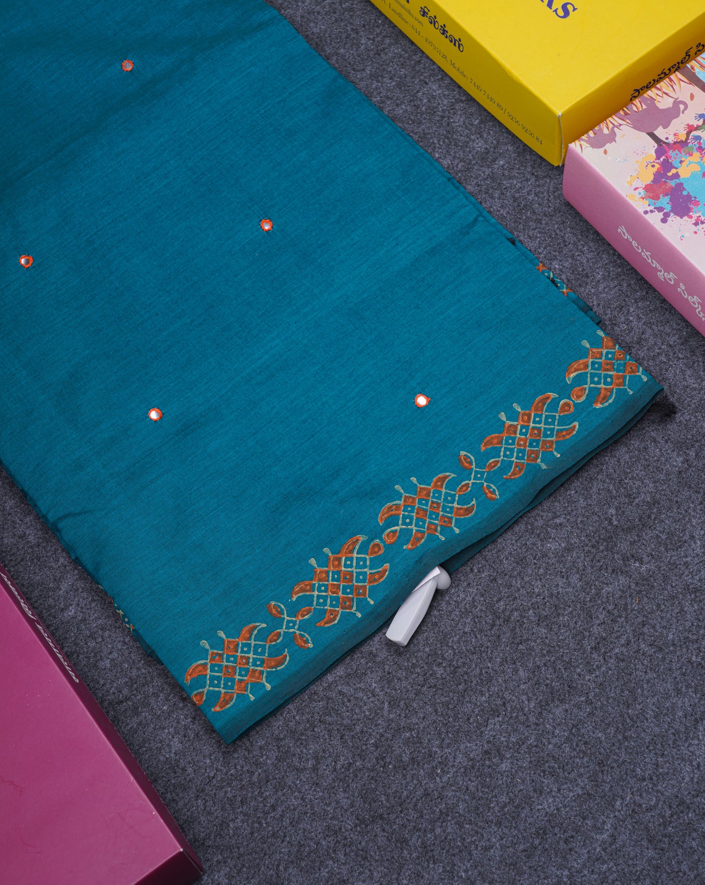 Beautiful Peacock Green Mirror Work South Cotton Printed Saree With Contrast Orange Blouse
