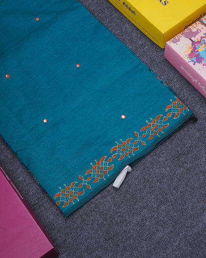 Beautiful Peacock Green Mirror Work South Cotton Printed Saree With Contrast Orange Blouse