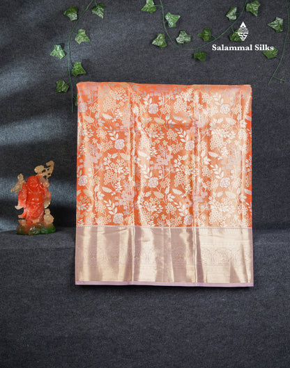 Semi Silk Pattu Pavadai Tissue (Orange) With Contrast Lavender  Blouse 45"
