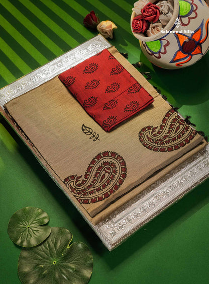 South Cotton Saree -  Elephant Grey Colour Body Printed Saree With Contrast Maroon Blouse