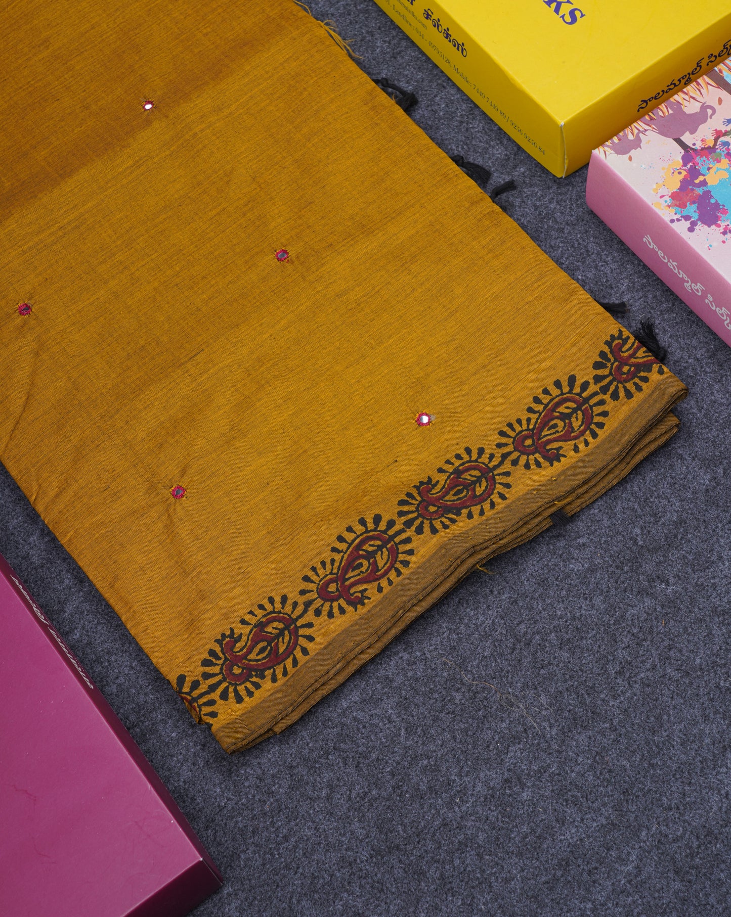 Beautiful Olive Mustard Yellow Mirror Work South Cotton Printed Saree With Contrast Maroon Blouse