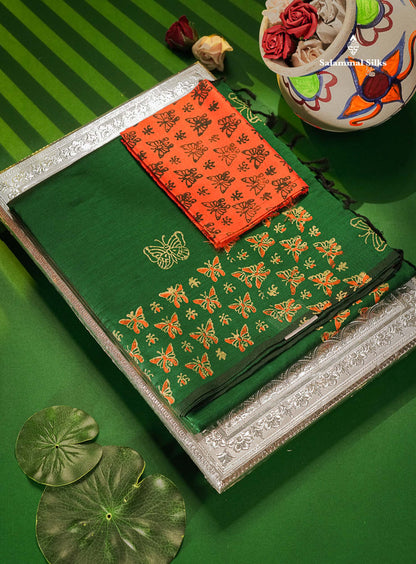 South Cotton Saree - Bottle Green Printed Saree With Contrast Orange Blouse