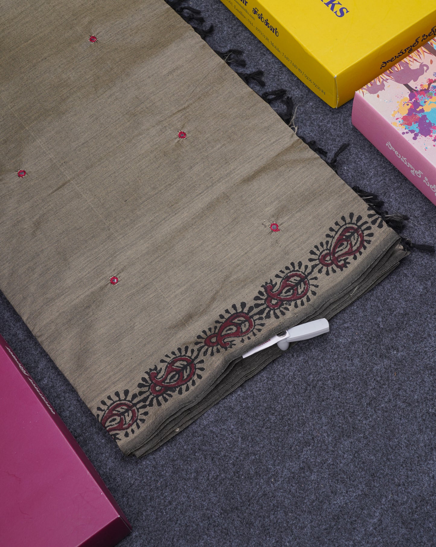 Beautiful Grey White Mirror Work South Cotton Printed Saree With Contrast Maroon Blouse