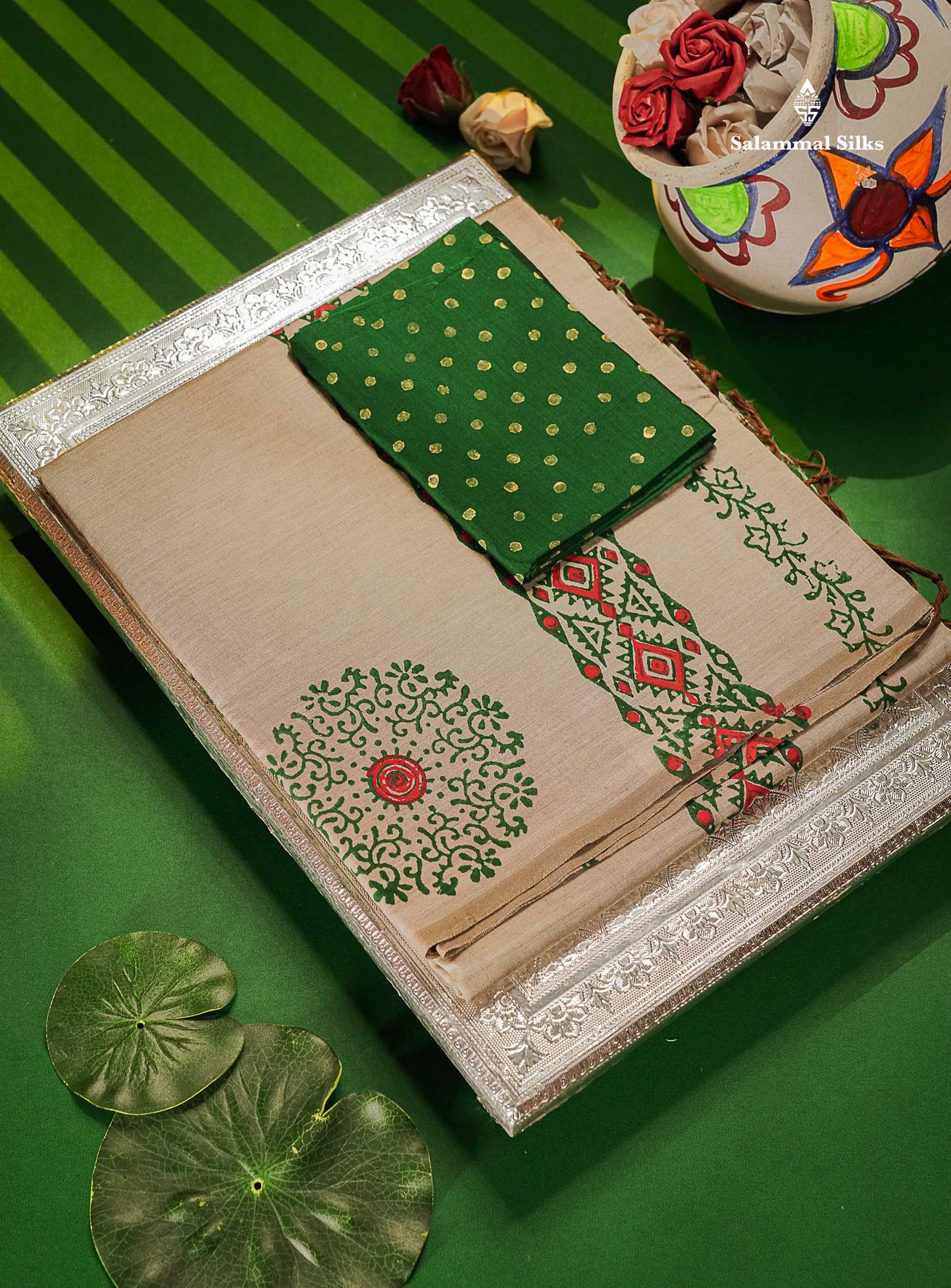 South Cotton Saree - Cream Sandal Printed Saree With Contrast Green Blouse