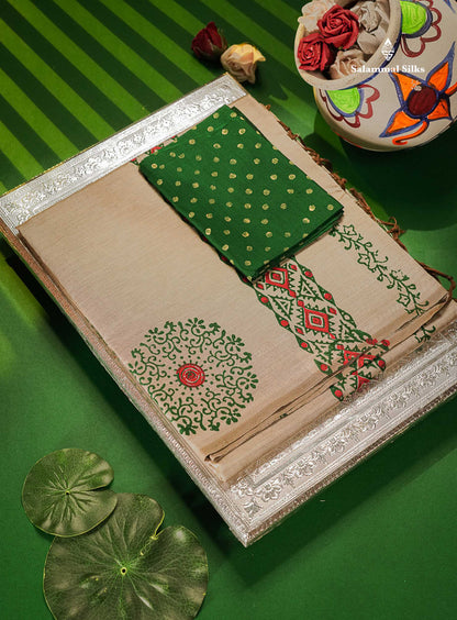 South Cotton Saree - Cream Sandal Printed Saree With Contrast Green Blouse