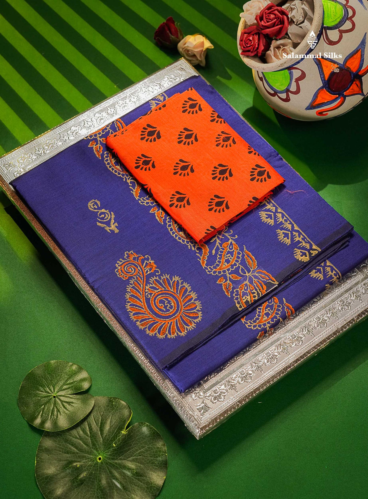 South Cotton Saree - Royal Blue Printed Saree With Contrast Orange Blouse