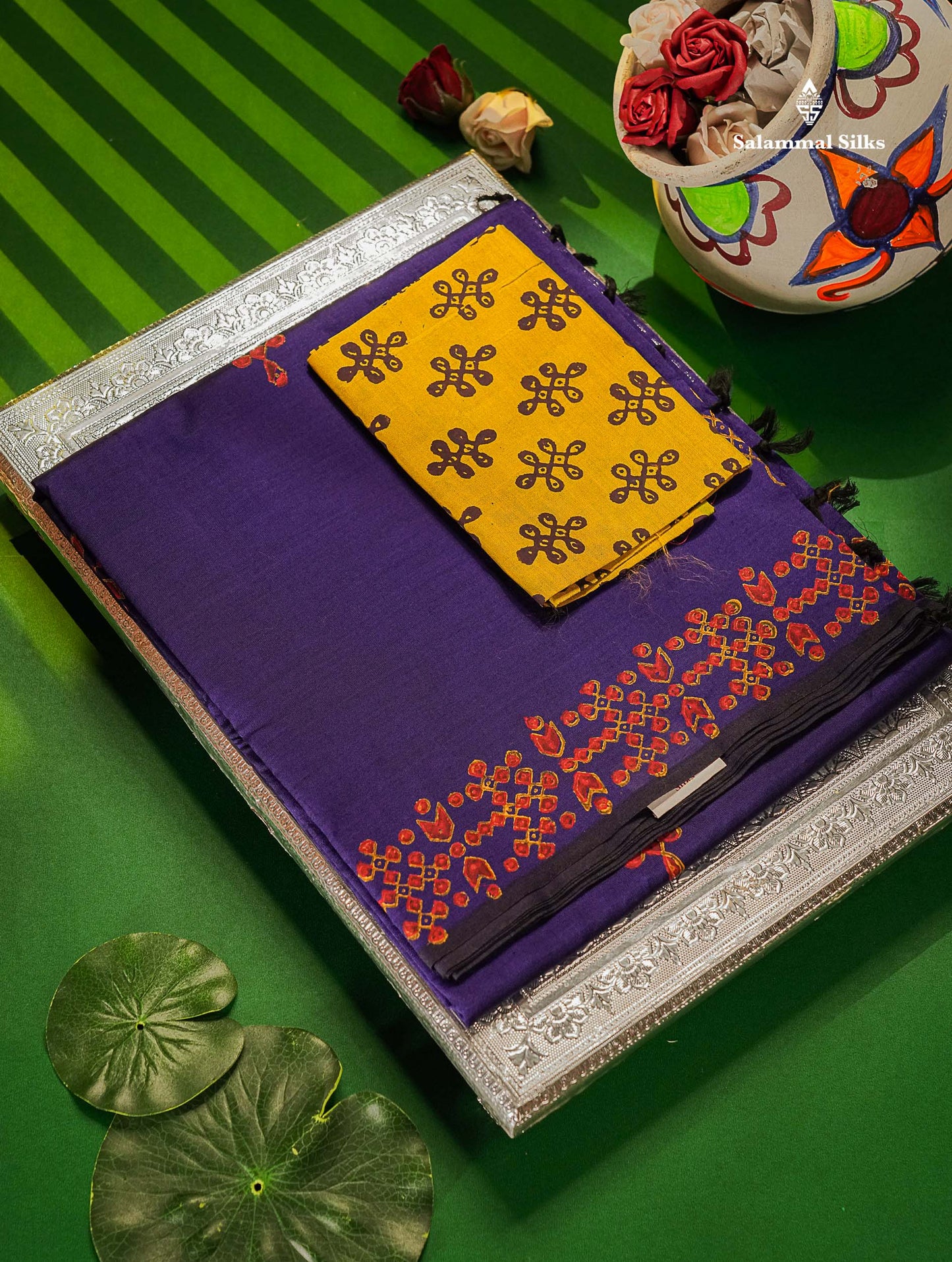 South Cotton Saree - Dual Tone Purple Printed Saree With Contrast Mustard Yellow Blouse