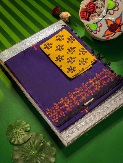 South Cotton Saree - Dual Tone Purple Printed Saree With Contrast Mustard Yellow Blouse