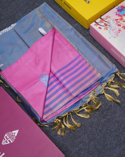 Pink Thread work Buttas Banana Pinth Saree (Vaazhainaar Pattu) With Contrast Light Blue Blouse