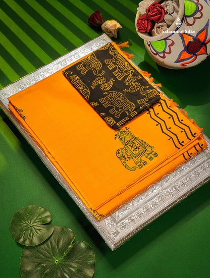 South Cotton Saree - Mustard Yellow Printed Saree With Contrast Black Blouse