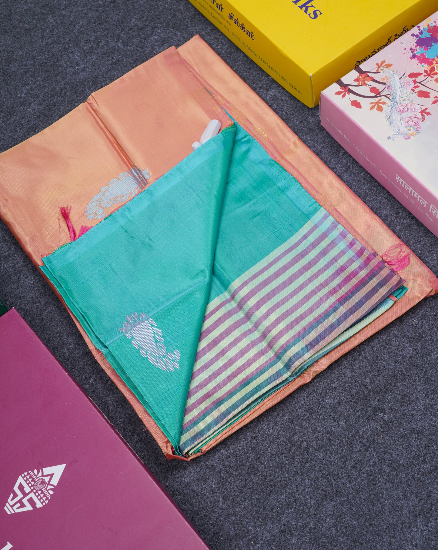 Sapphire Blue Thread work Buttas Banana Pinth Saree (Vaazhainaar Pattu) With Contrast Pinkish Orange Blouse