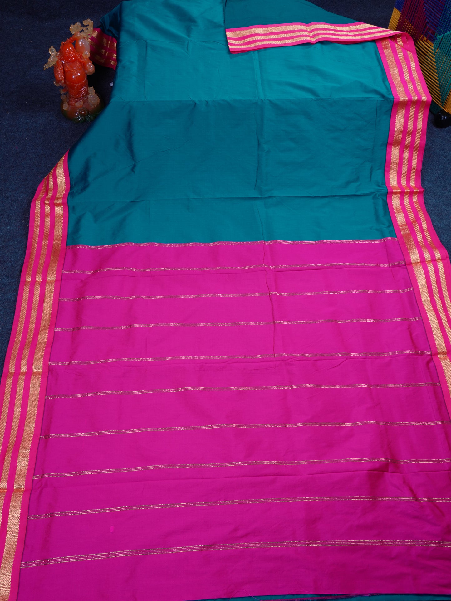 9.5 Yards Semi Silk Saree Peacock Blue with Contrast Pink Traditional Border