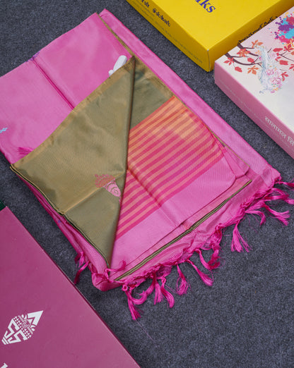 Olive Green Thread work Buttas Banana Pinth Saree (Vaazhainaar Pattu) With Contrast Pink Blouse