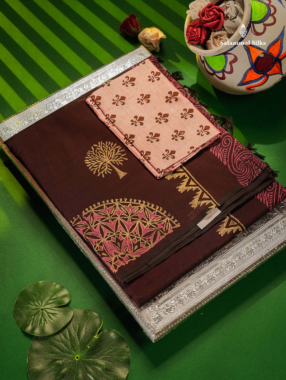 South Cotton Saree - Dark Brown Printed Saree With Contrast Onion Pink Blouse