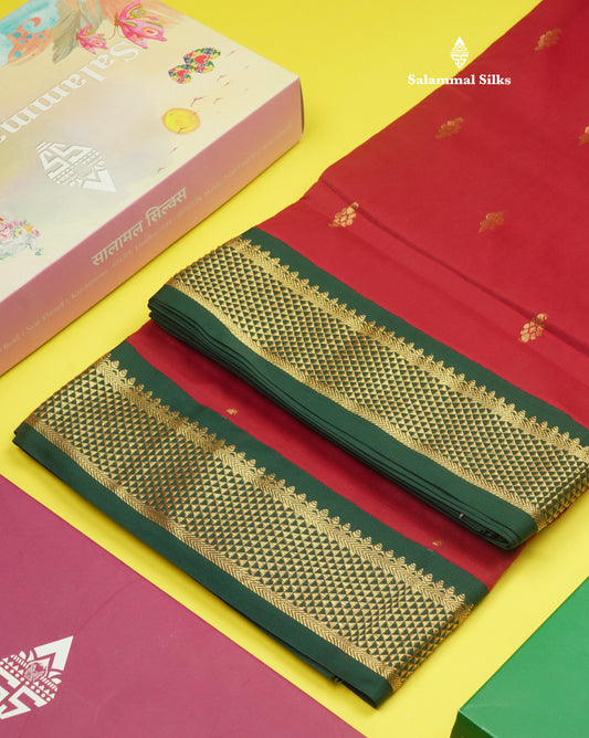 9.5 Yards Semi Silk Saree Maroon with Contrast Bottle Green Border