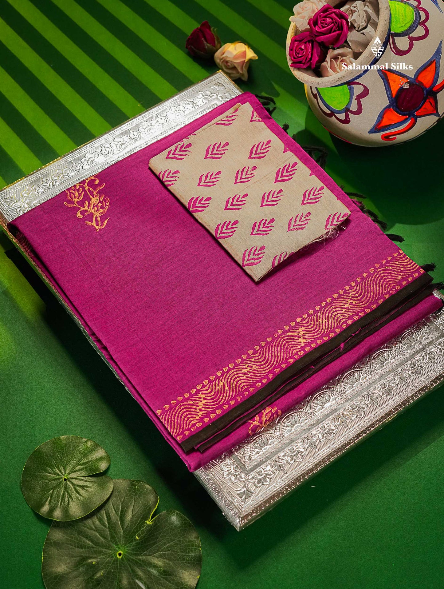 South Cotton Saree - Pink Printed Saree With Contrast Cream Sandal Blouse