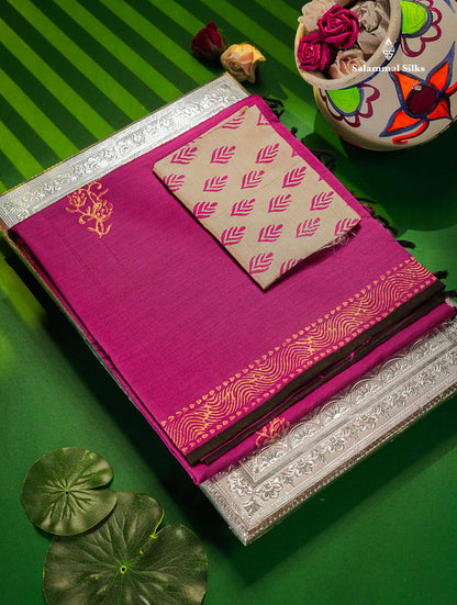 South Cotton Saree - Pink Printed Saree With Contrast Cream Sandal Blouse