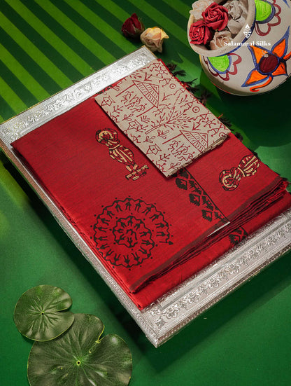 South Cotton Saree - Reddish Maroon Printed Saree With Contrast Cream Blouse