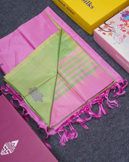 Parrot Green Thread work Buttas Banana Pinth Saree (Vaazhainaar Pattu) With Contrast Light Pink Blouse