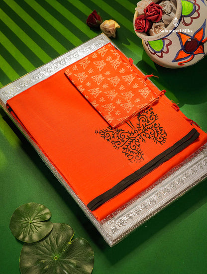 South Cotton Saree - Orange Butterful Printed Saree With Blouse